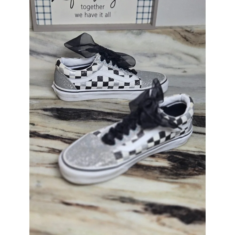 Vans Old Skool Checkerboard Silver Glitter Ribbon Lace Sneakers Womens 8 - Picture 3 of 8